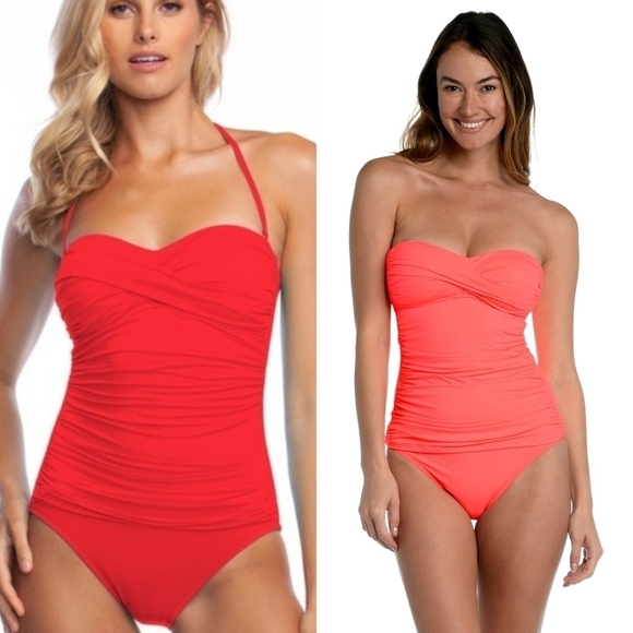 LA Blanca Island Goddess Deep Coral Halter Bandeau Twist Front Swimsuit 4 - Picture 1 of 12